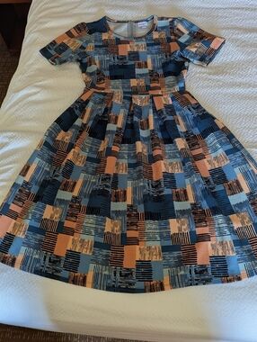 LuLaRoe Blue and Peach Geometric Fit-and-Flare Dress